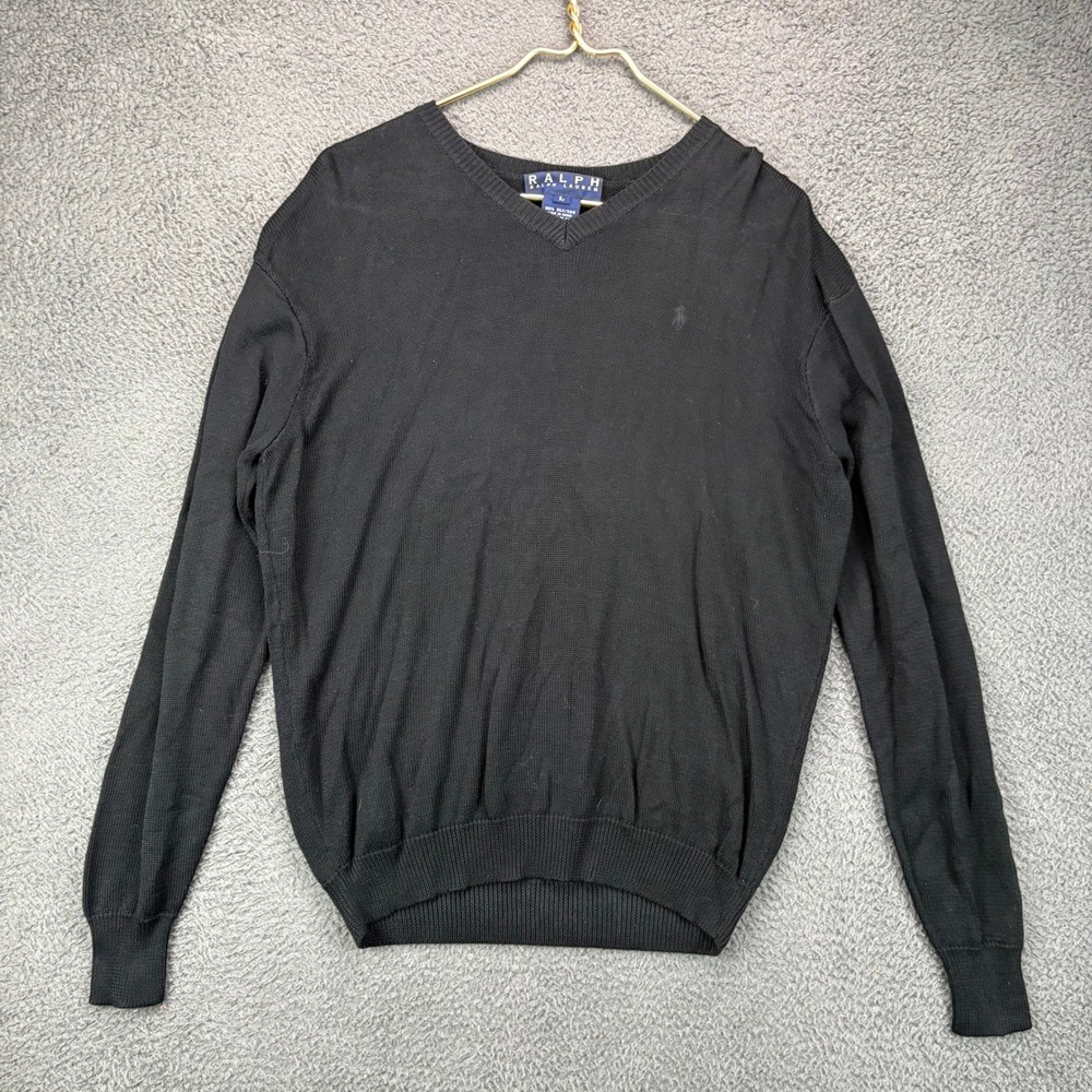 Ralph Lauren Mens V-Neck Sweater Black 100% Silk Knit Large Long Sleeve Pony